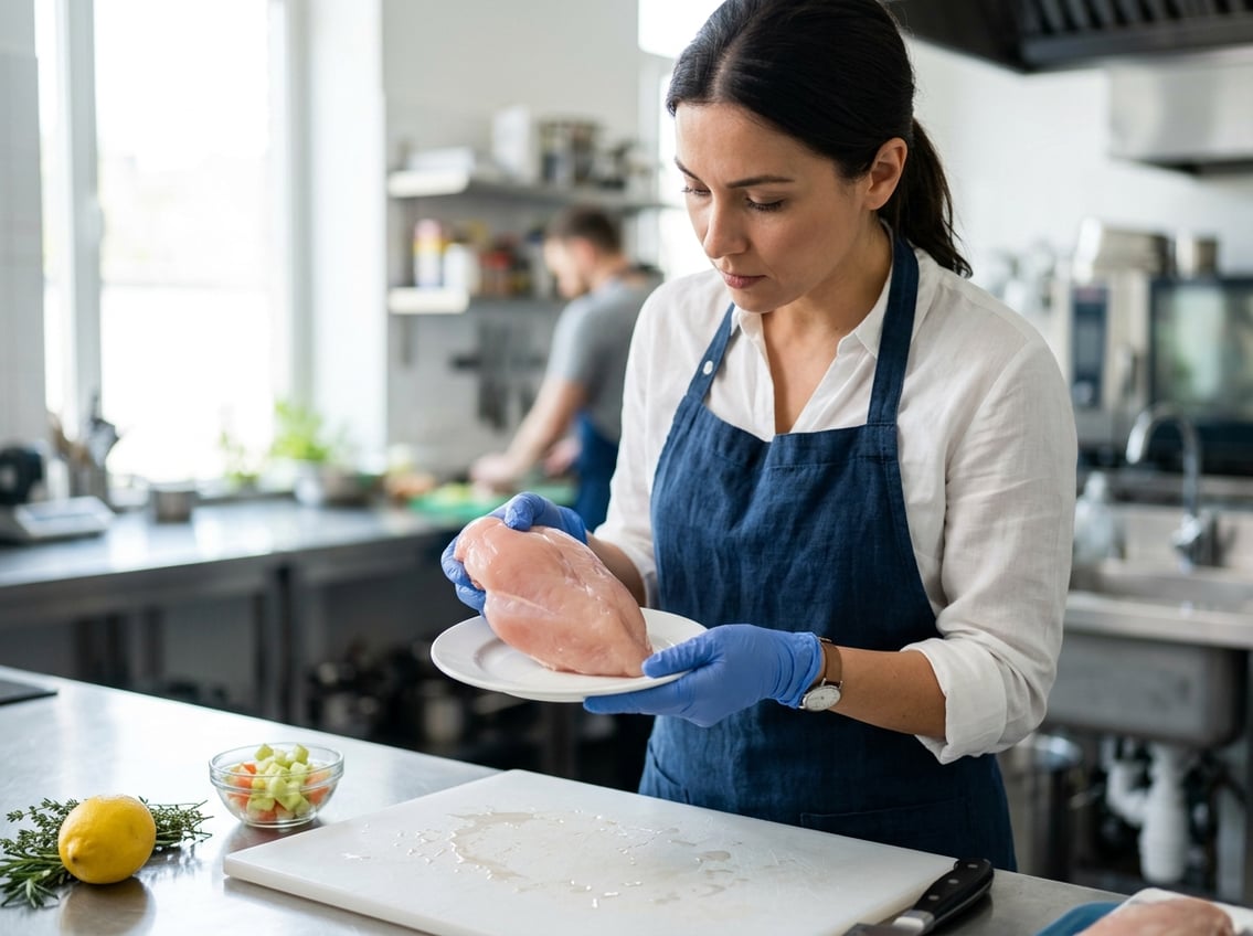 Person inspecting raw chicken breast in a clean kitchen setting with ingredients on the counter.