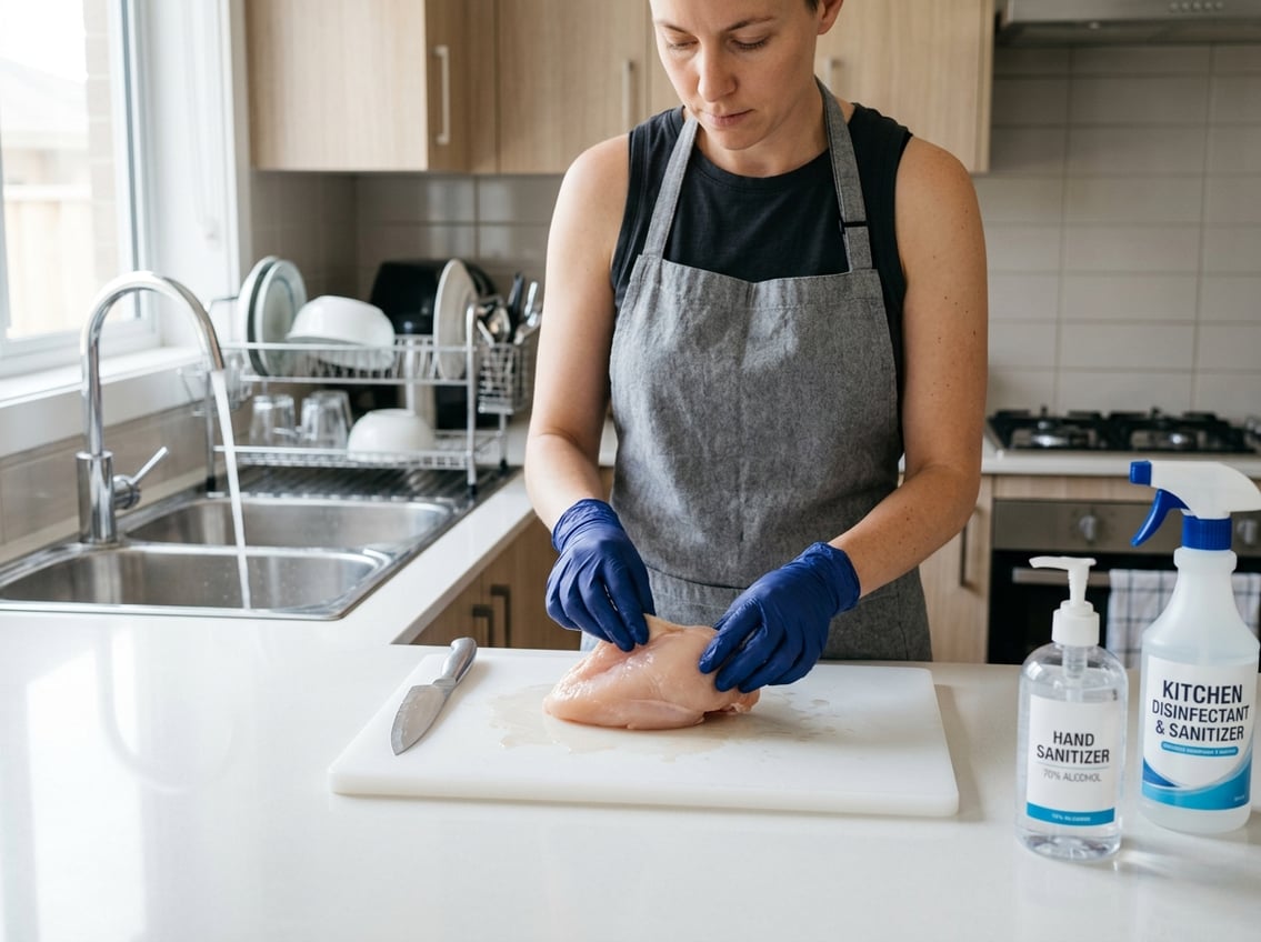 Person wearing gloves inspecting raw chicken breast on cutting board in a clean kitchen with hand sanitizer and disinfectant nearby.