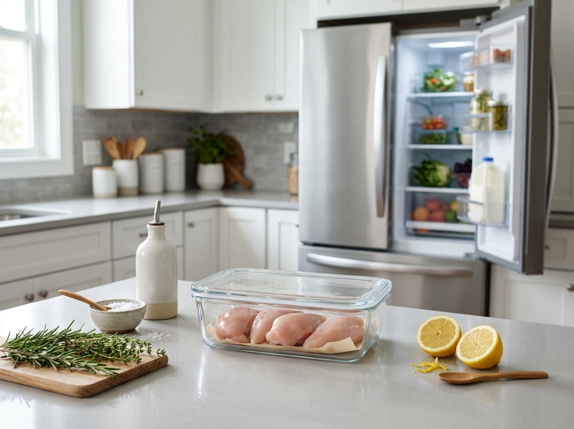 Fresh raw chicken breasts stored in a sealed container on a kitchen countertop next to an open refrigerator with fresh herbs and lemon nearby.