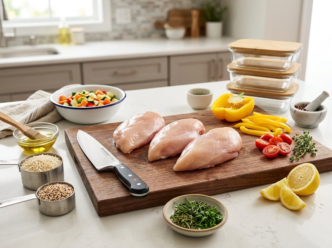 Three raw chicken breasts on a wooden cutting board surrounded by fresh vegetables and kitchen tools on a clean countertop.