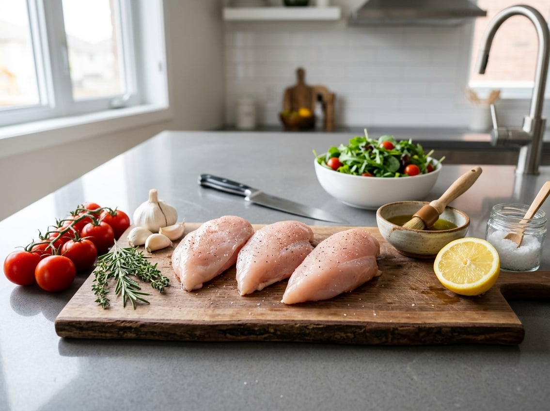 Three raw chicken breasts on a cutting board surrounded by fresh vegetables and herbs in a kitchen setting.