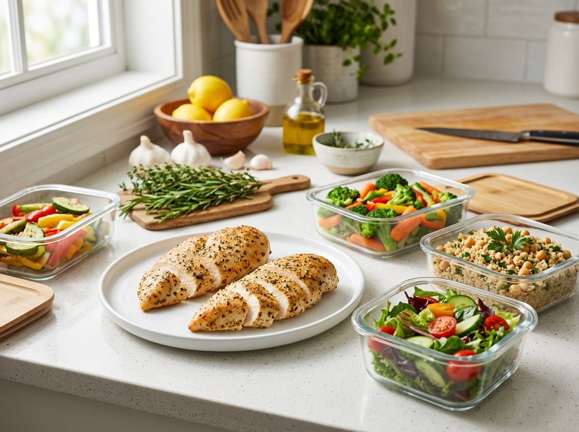 Three cooked chicken breasts on a white plate surrounded by meal prep containers with vegetables and grains on a kitchen countertop.