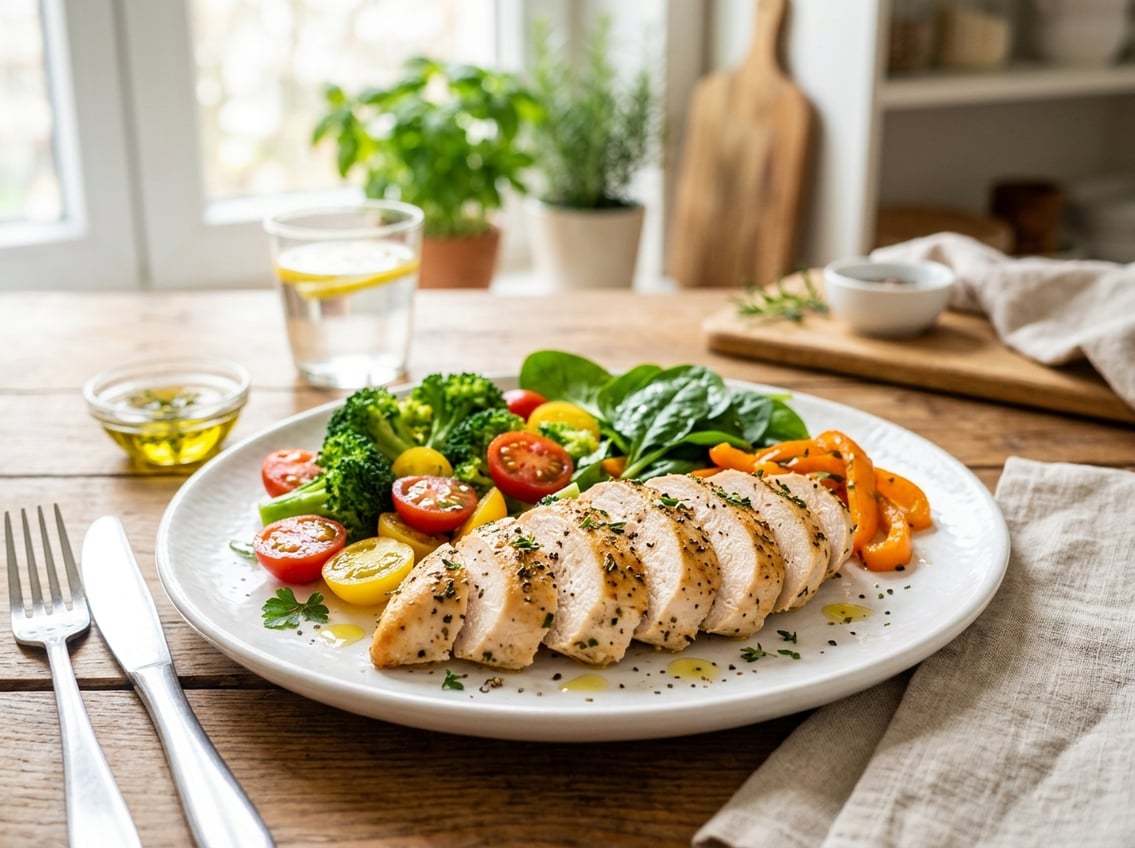 A plate with sliced cooked chicken breast and fresh vegetables on a table.