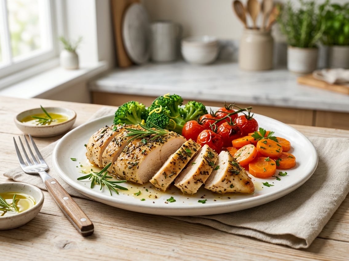 A sliced cooked chicken breast on a white plate with fresh herbs and colorful vegetables on a kitchen countertop.