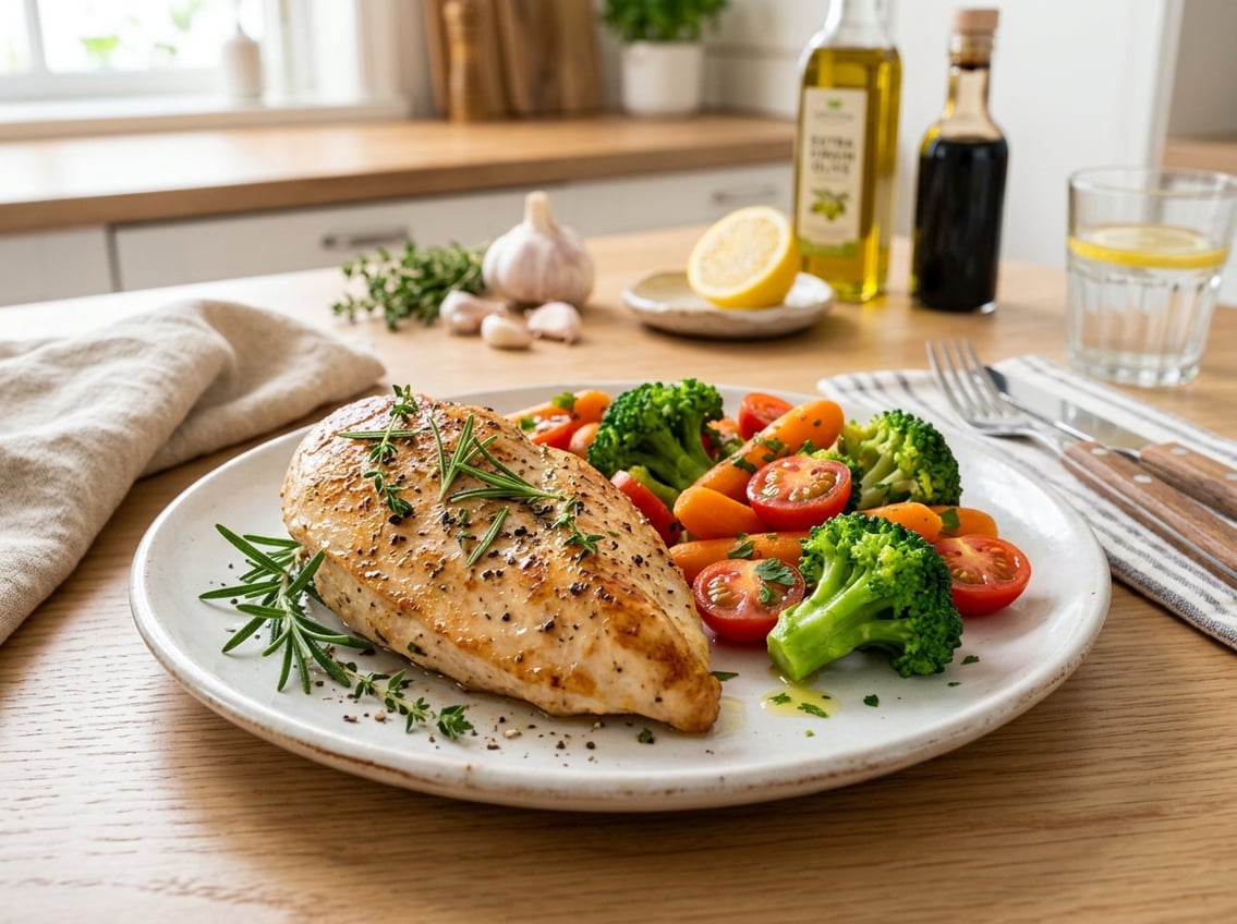 A cooked chicken breast served on a plate with steamed vegetables and fresh herbs on a bright dining table.