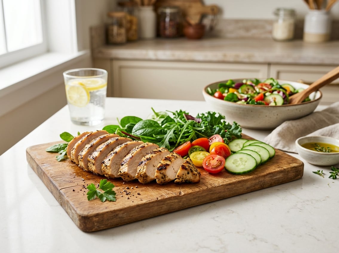 A wooden cutting board with sliced cooked chicken breast surrounded by fresh vegetables on a kitchen counter.