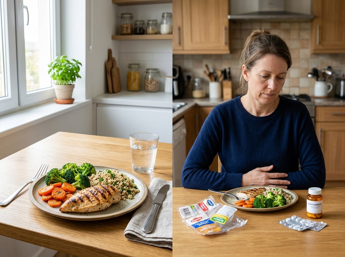 A kitchen table with a plate of grilled chicken breast and vegetables on one side and a person looking uncertain holding their stomach on the other side.