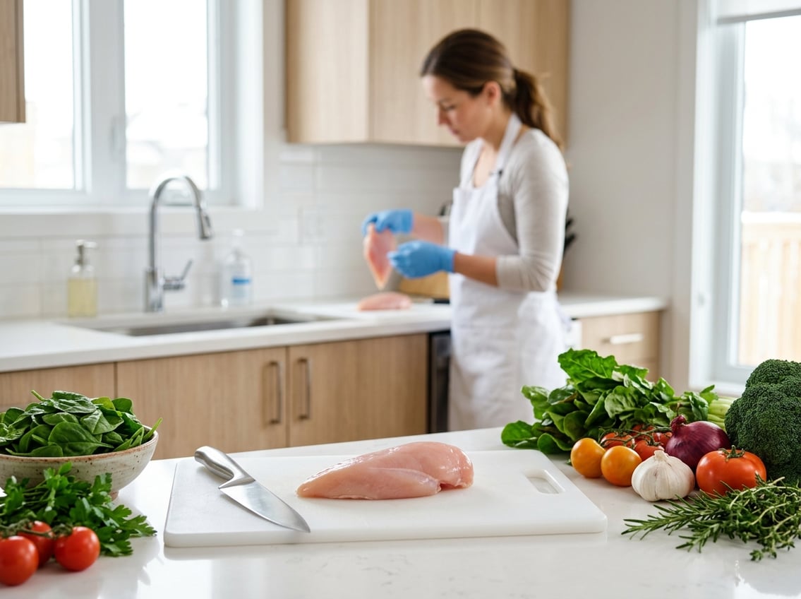A person wearing gloves prepares a fresh chicken breast on a cutting board surrounded by fresh vegetables in a clean kitchen.
