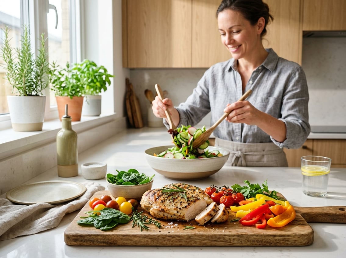 A person preparing a healthy meal with cooked chicken breast and fresh vegetables on a wooden cutting board in a bright kitchen.
