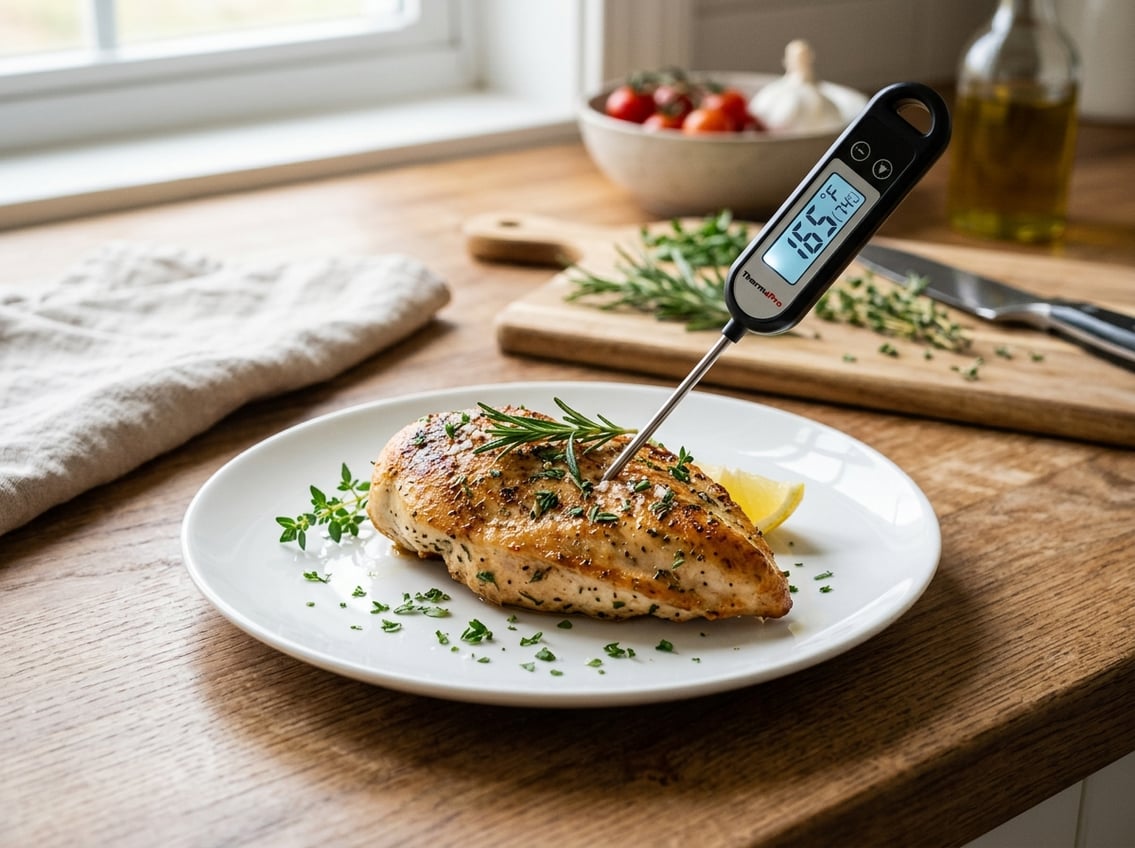 A cooked chicken breast on a plate with a digital meat thermometer showing the safe cooking temperature.