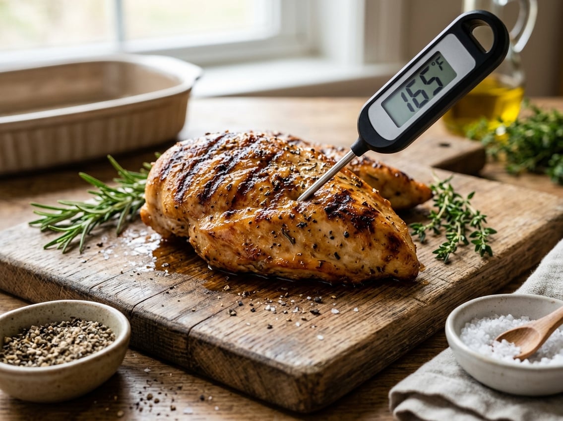 Close-up of a cooked chicken breast with a digital thermometer inserted, placed on a wooden cutting board with herbs nearby.