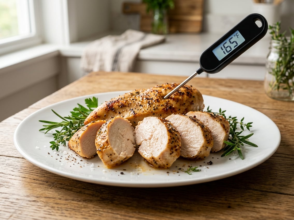 A sliced cooked chicken breast on a white plate with a meat thermometer inserted, surrounded by fresh herbs.