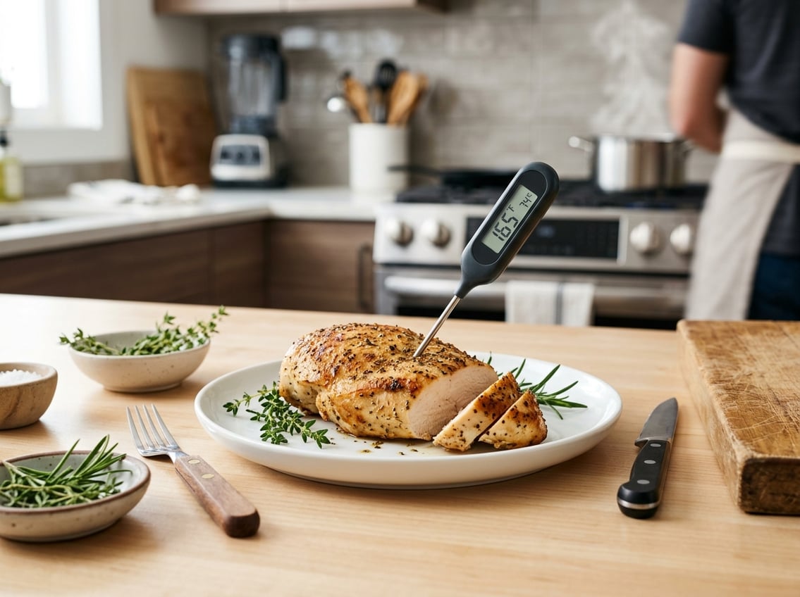 Close-up of a cooked chicken breast on a plate with a digital thermometer inserted, showing the safe internal temperature in a kitchen setting.