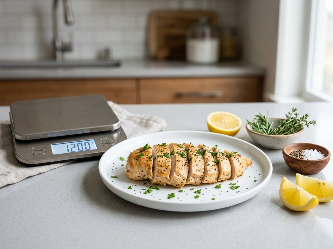 A sliced cooked chicken breast on a plate next to a kitchen scale showing its weight, surrounded by fresh herbs and lemon wedges on a kitchen countertop.