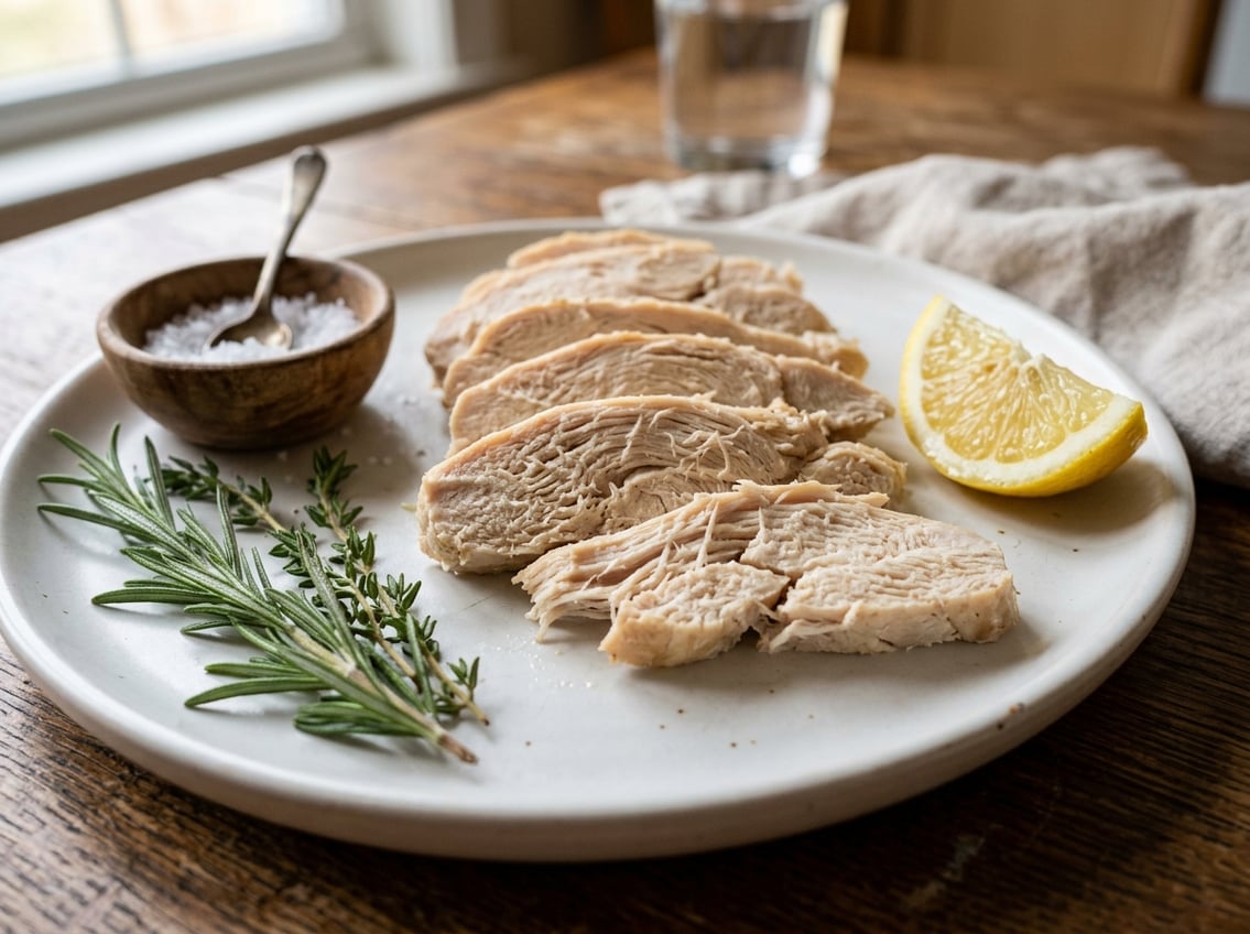Close-up of sliced chicken breast on a plate showing a tough, fibrous texture with herbs and lemon on the side.