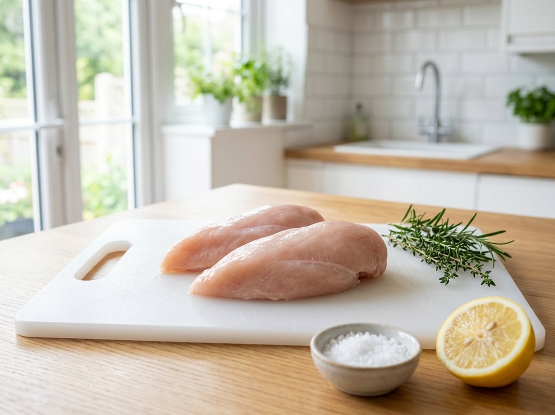 Close-up of raw chicken breasts on a white cutting board with fresh herbs and lemon in a bright kitchen.