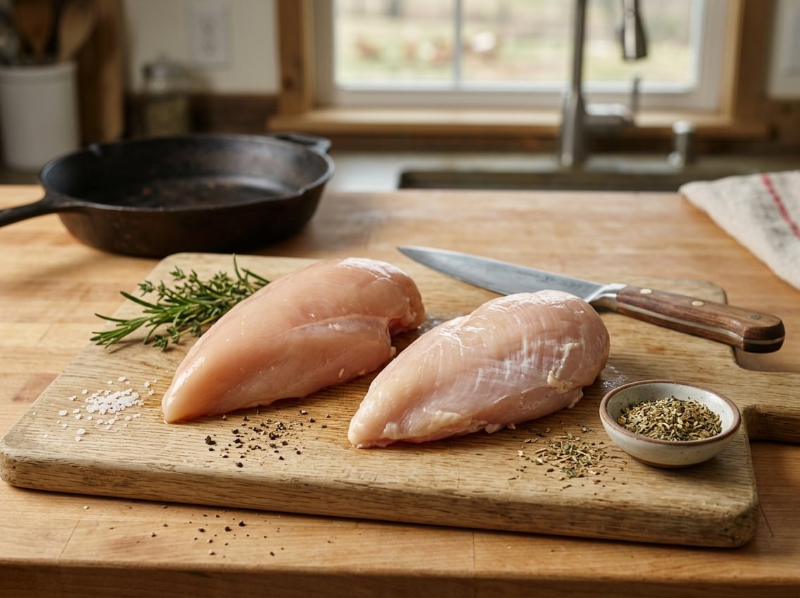 Close-up of raw chicken breasts on a cutting board with herbs and a knife, showing texture differences, set in a kitchen with a blurred poultry farm background.