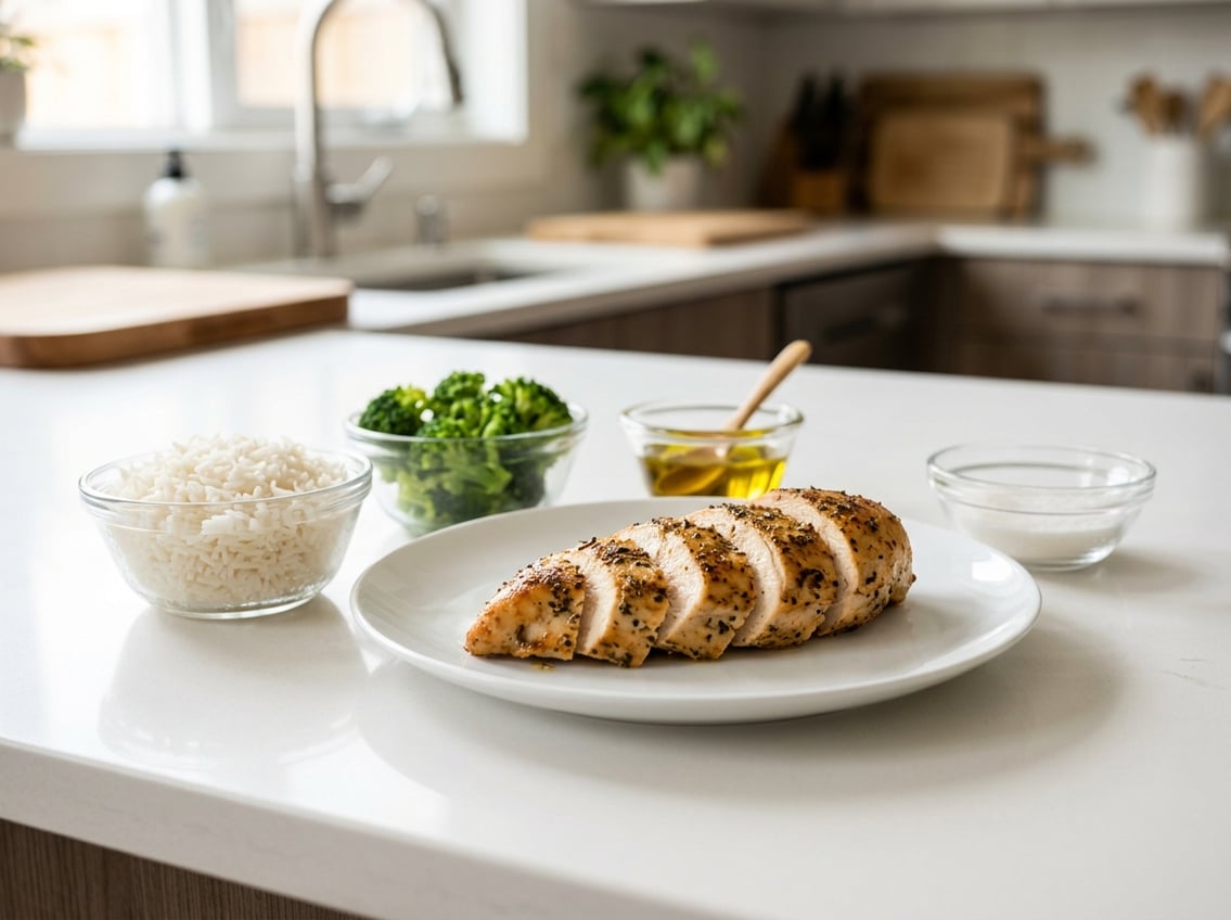 A sliced chicken breast on a white plate with small bowls of rice, broccoli, and olive oil arranged around it on a kitchen countertop.