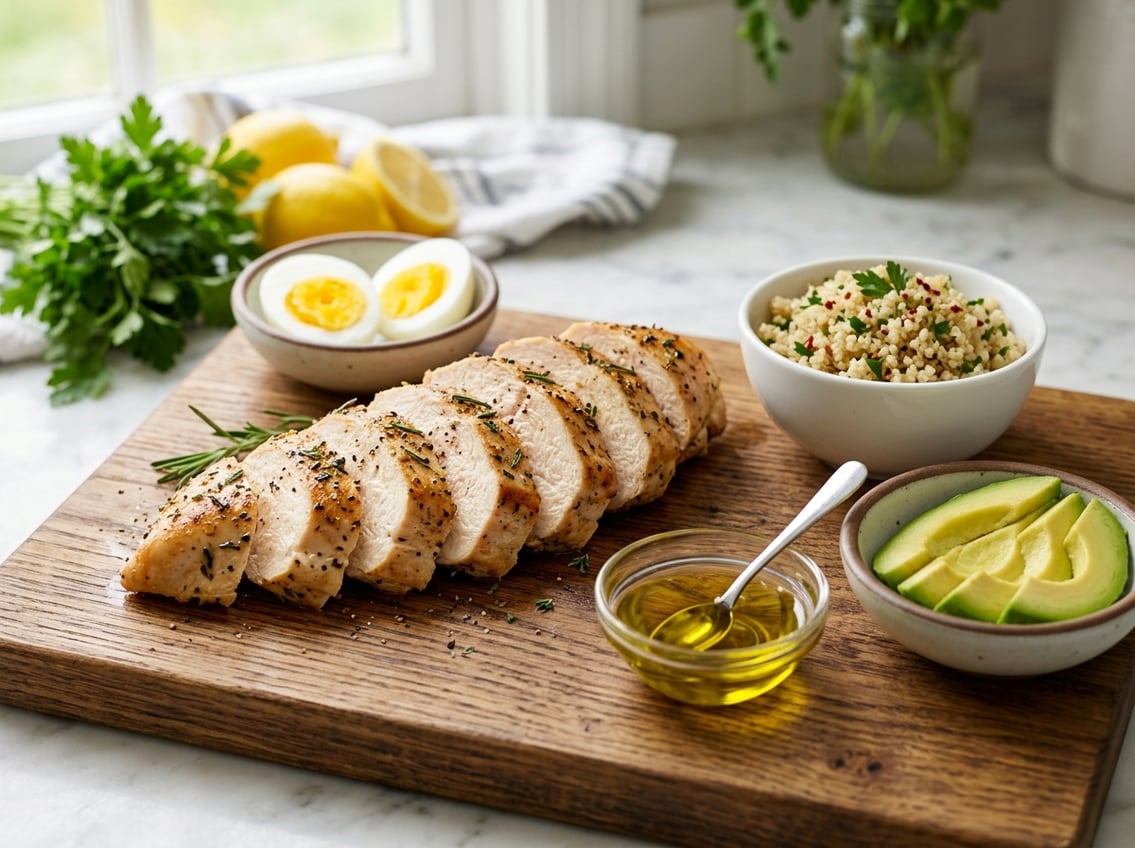 Close-up of sliced cooked chicken breast on a wooden cutting board with small bowls of protein, carbohydrates, and healthy fats around it.