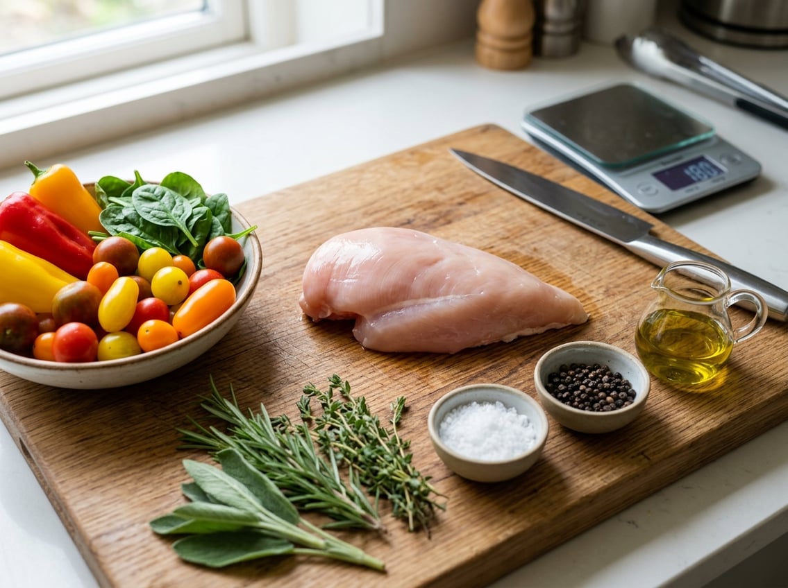 A raw chicken breast on a wooden cutting board surrounded by fresh vegetables, herbs, and spices in a kitchen setting.