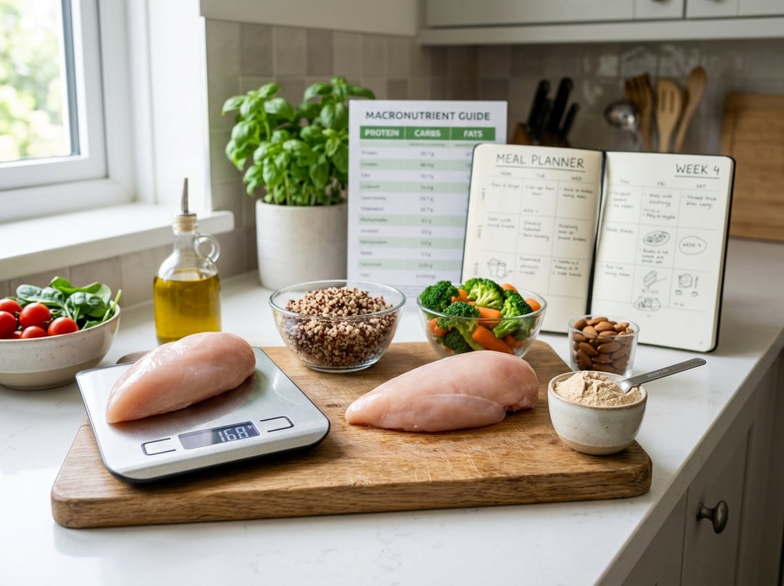 A raw chicken breast on a wooden cutting board with measuring tools and healthy ingredients in a kitchen setting.