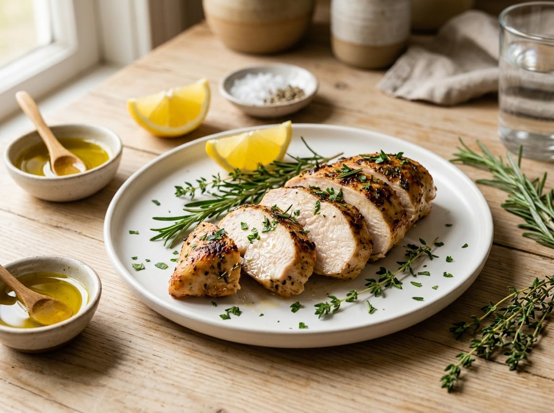Sliced cooked chicken breast on a white plate with fresh herbs and seasoning ingredients around it.