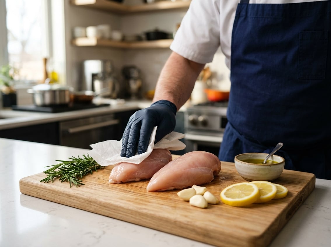 Close-up of raw chicken breasts on a cutting board with fresh herbs, lemon slices, and a hand patting the chicken dry in a kitchen.