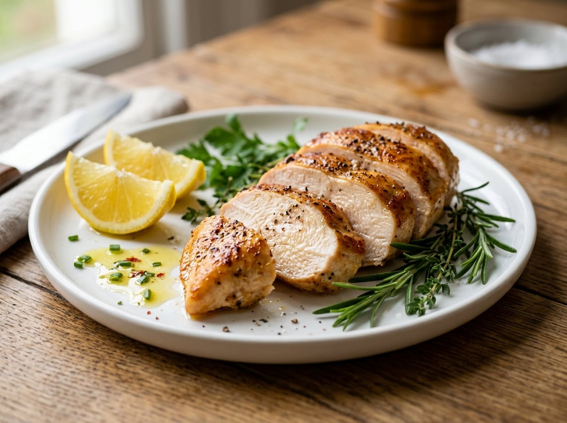 A sliced chicken breast on a white plate with fresh herbs and lemon wedges on a wooden table.