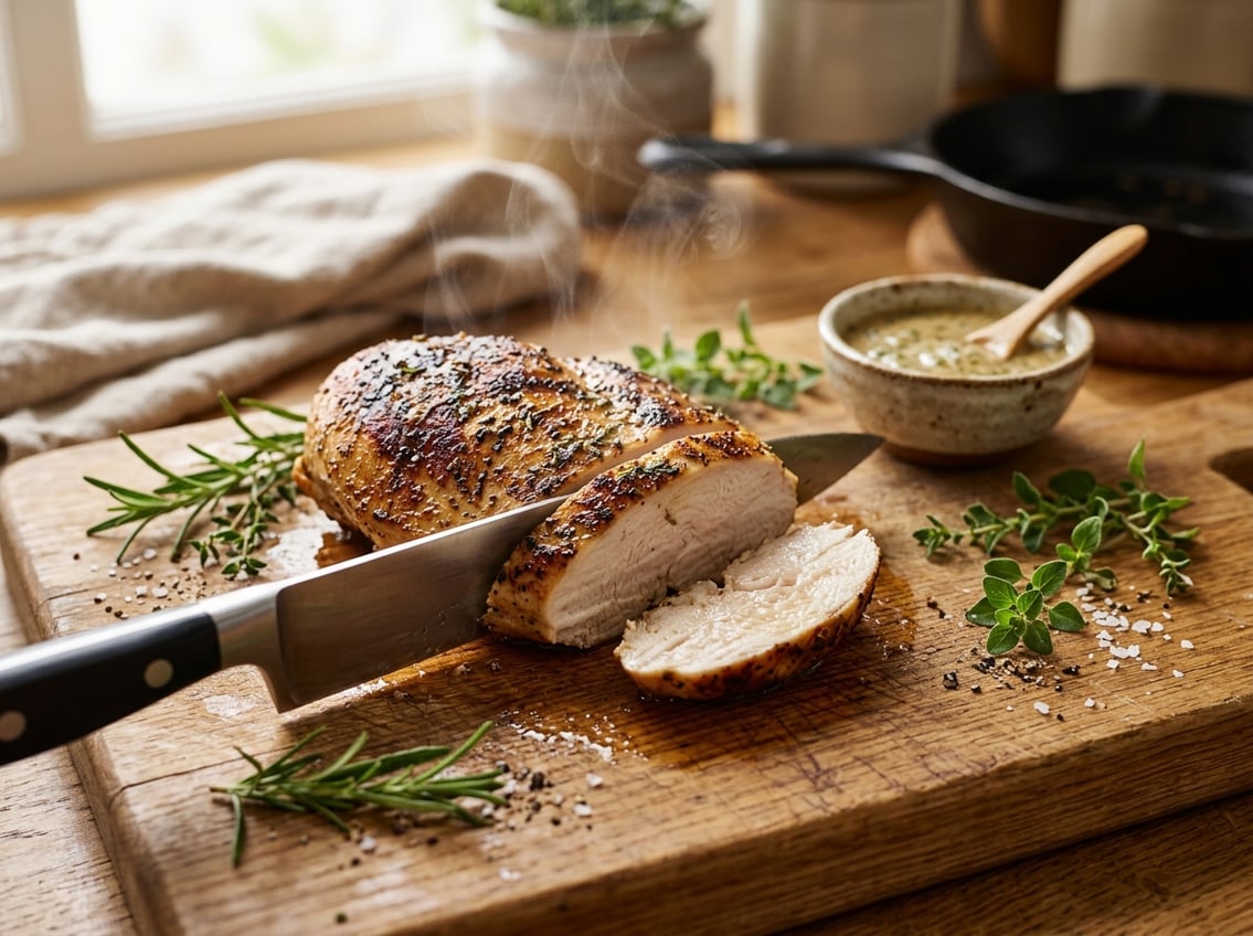 Close-up of a cooked chicken breast being sliced on a wooden cutting board with fresh herbs nearby.
