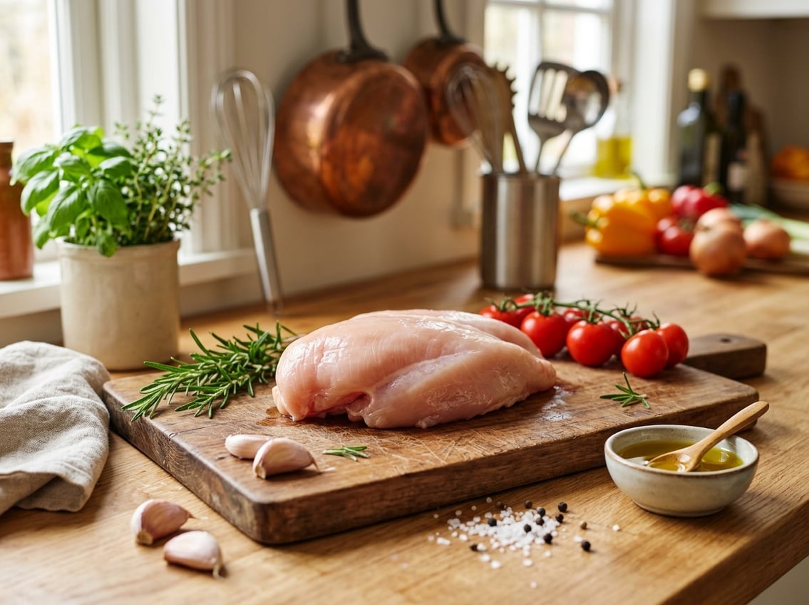 Fresh raw chicken breast on a wooden cutting board surrounded by herbs and vegetables in a kitchen setting.