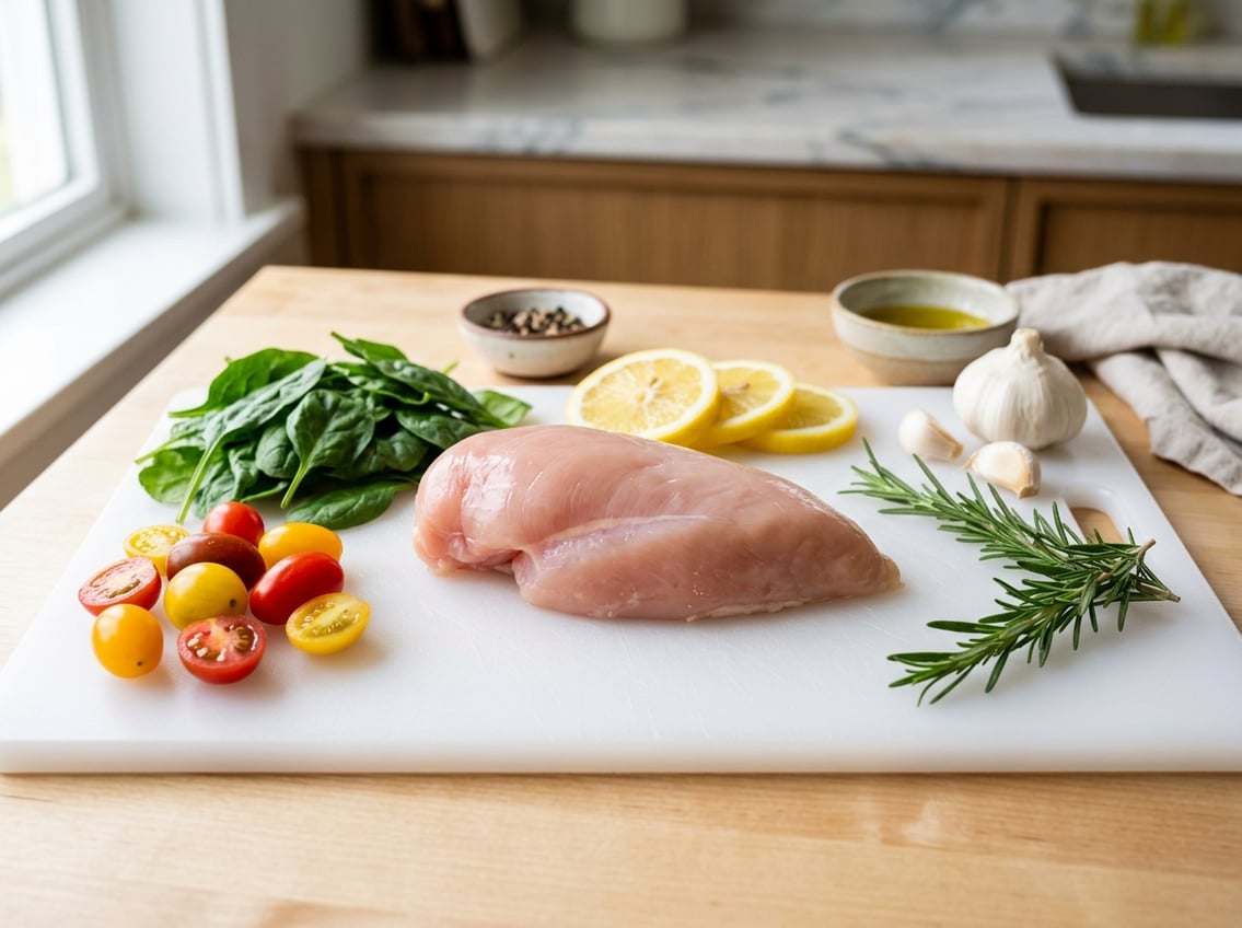 Fresh raw chicken breast on a white cutting board surrounded by spinach, cherry tomatoes, lemon slices, and rosemary in a bright kitchen.