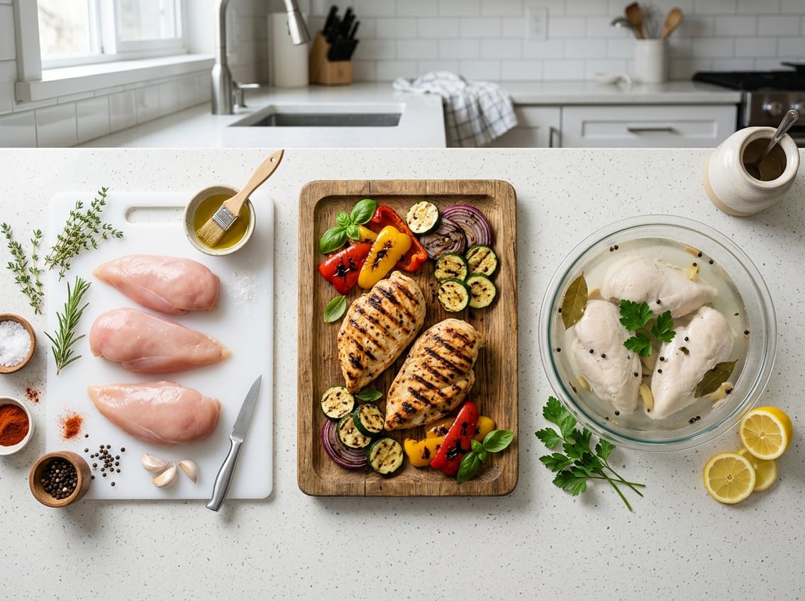 Three chicken breasts prepared with different cooking methods: raw, grilled, and poached, displayed on a kitchen counter with fresh ingredients.