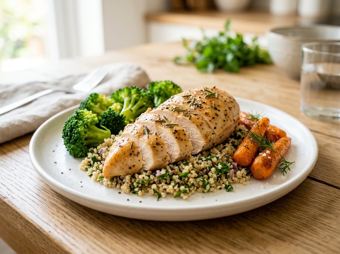 A cooked chicken breast served with steamed broccoli, roasted carrots, and quinoa on a white plate on a kitchen table.