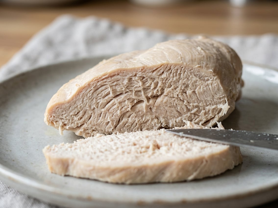 Close-up of a sliced cooked chicken breast showing dense and rubbery texture.