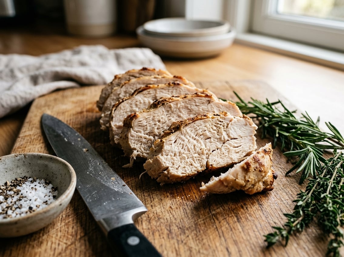 Close-up of a sliced cooked chicken breast on a cutting board with herbs and a knife nearby.