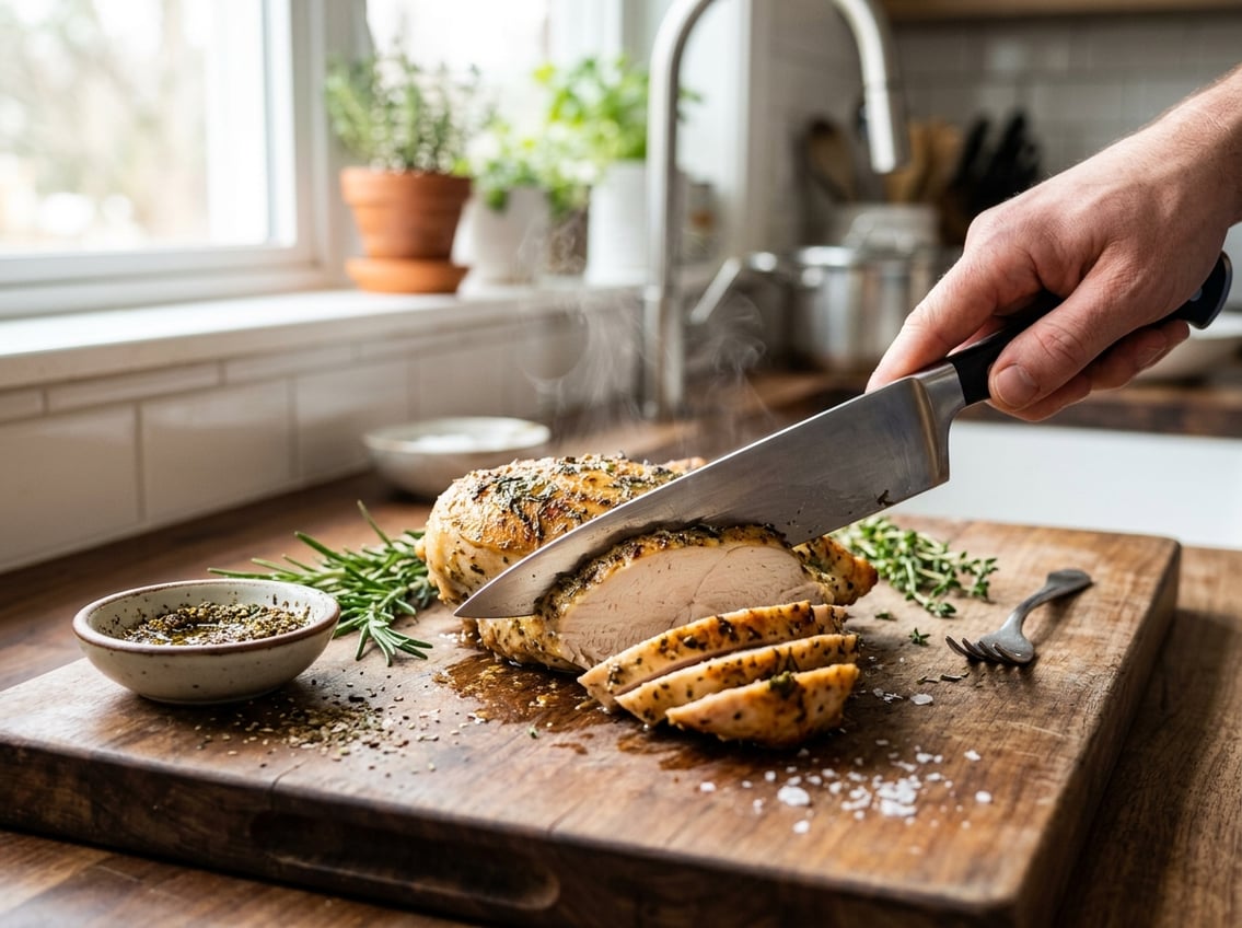 Close-up of a juicy, sliced chicken breast on a wooden cutting board with fresh herbs and a bowl of seasoning in a kitchen setting.