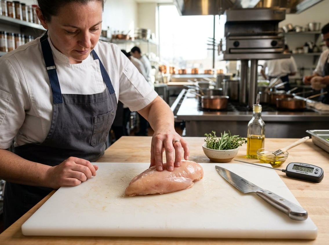 A chef gently pressing a fresh chicken breast on a cutting board with herbs and cooking tools nearby.