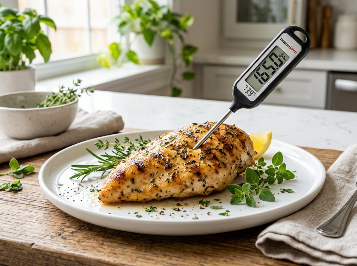 A cooked chicken breast on a white plate with a meat thermometer inserted showing the temperature.