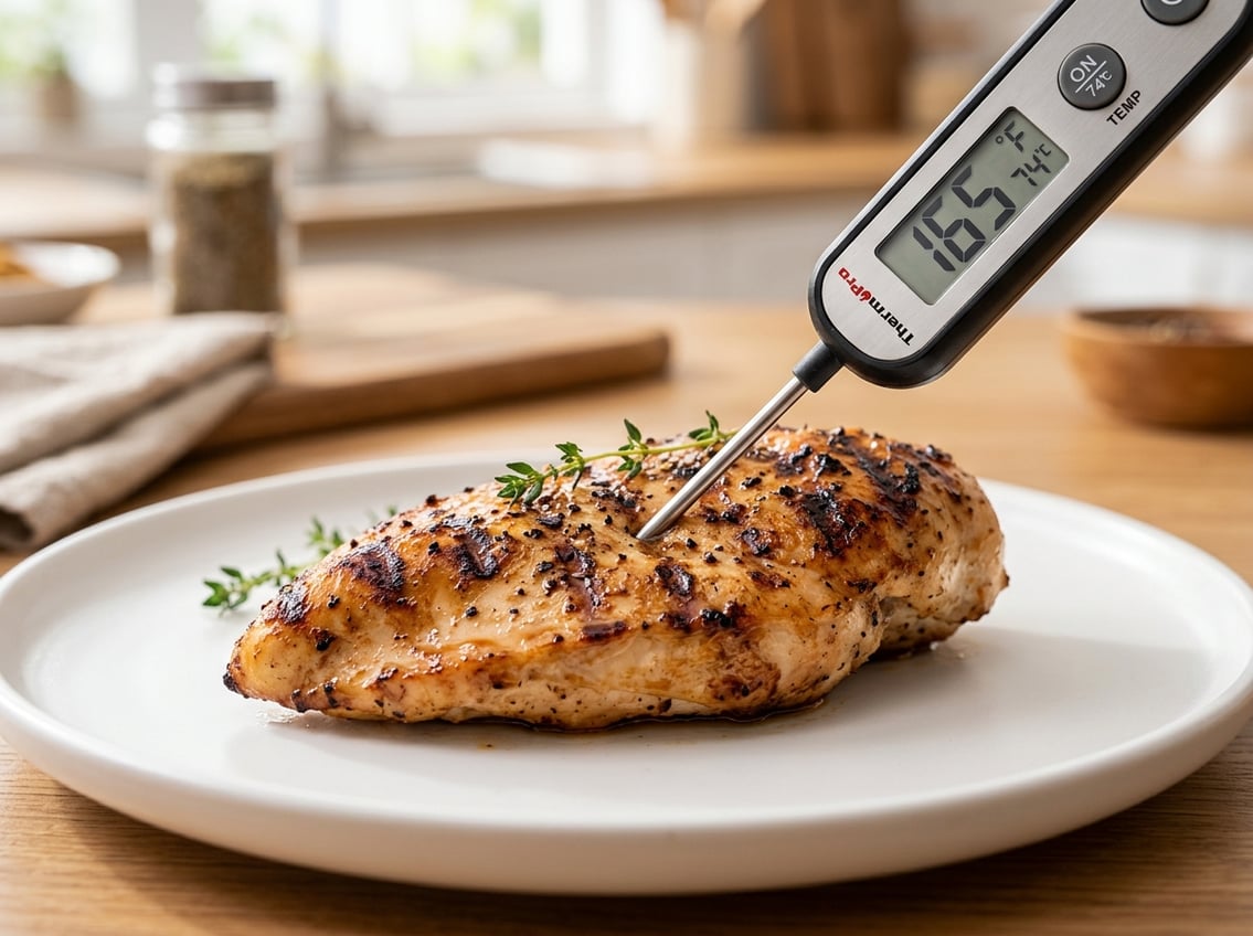 Close-up of a cooked chicken breast with a meat thermometer inserted, showing the temperature in a kitchen setting.