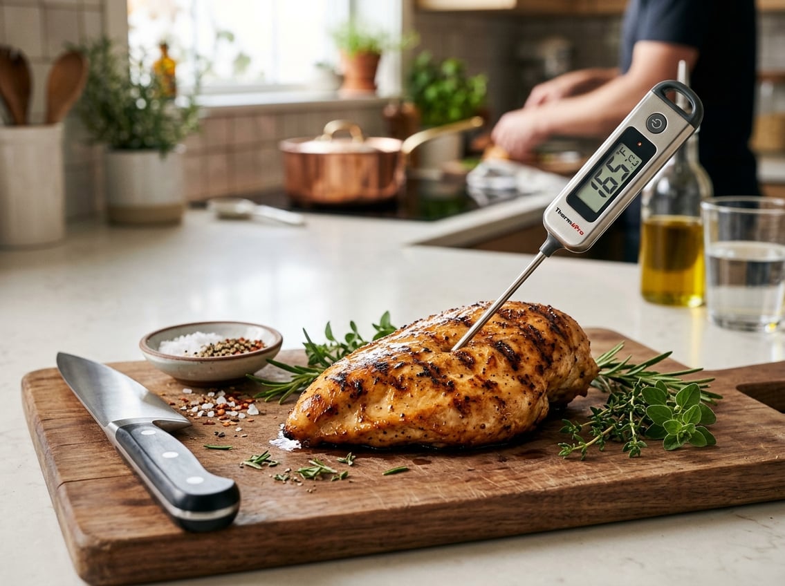 A cooked chicken breast with a meat thermometer showing 165 degrees Fahrenheit on a wooden cutting board, surrounded by fresh herbs and kitchen utensils.