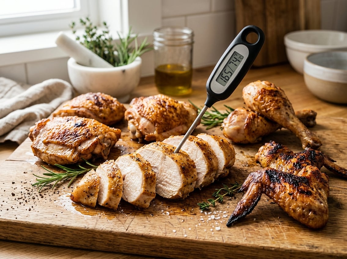 Close-up of cooked chicken breast and other chicken cuts on a wooden board with a meat thermometer inserted into the breast.
