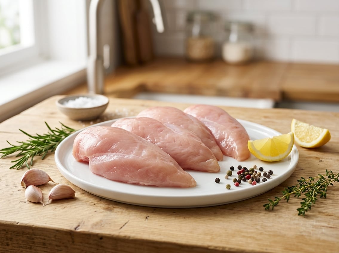 Fresh raw chicken breasts on a white plate with rosemary, garlic, lemon wedges, and peppercorns on a wooden countertop.