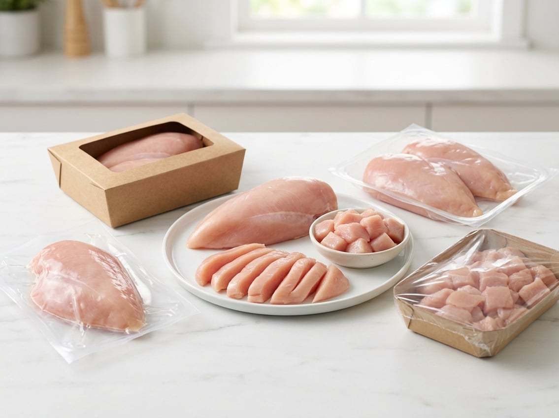 Various cuts of fresh chicken breast displayed alongside different packaging options on a clean surface.