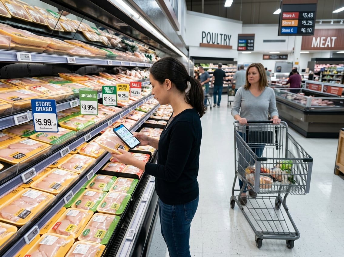 Shoppers in a grocery store aisle comparing prices of fresh chicken breast packages displayed in refrigerated cases.