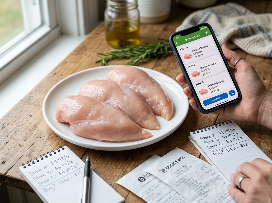 Close-up of fresh raw chicken breasts on a plate with a hand holding a smartphone, a notepad with prices, and a grocery receipt on a wooden table.