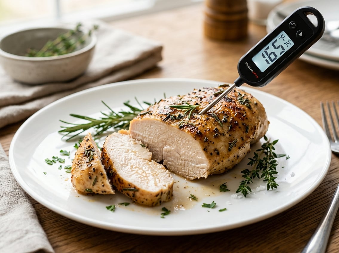A sliced cooked chicken breast on a plate with a digital meat thermometer showing the safe internal temperature.