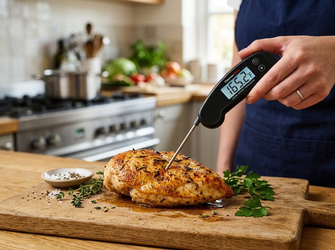 Close-up of a hand checking the temperature of a cooked chicken breast with a digital meat thermometer on a white cutting board in a kitchen.