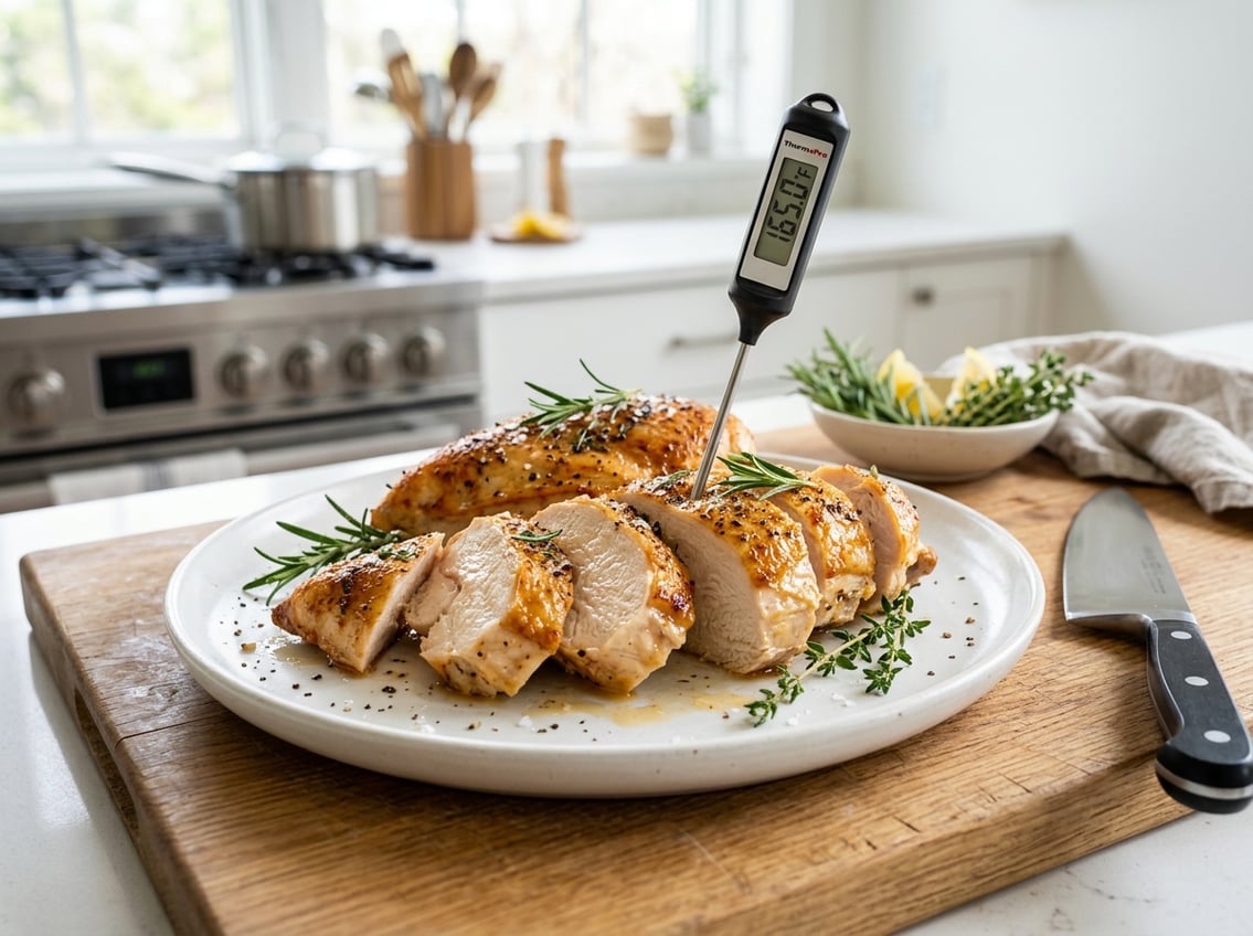 A sliced cooked chicken breast on a white plate garnished with fresh herbs, with a meat thermometer inserted, set on a cutting board in a kitchen.
