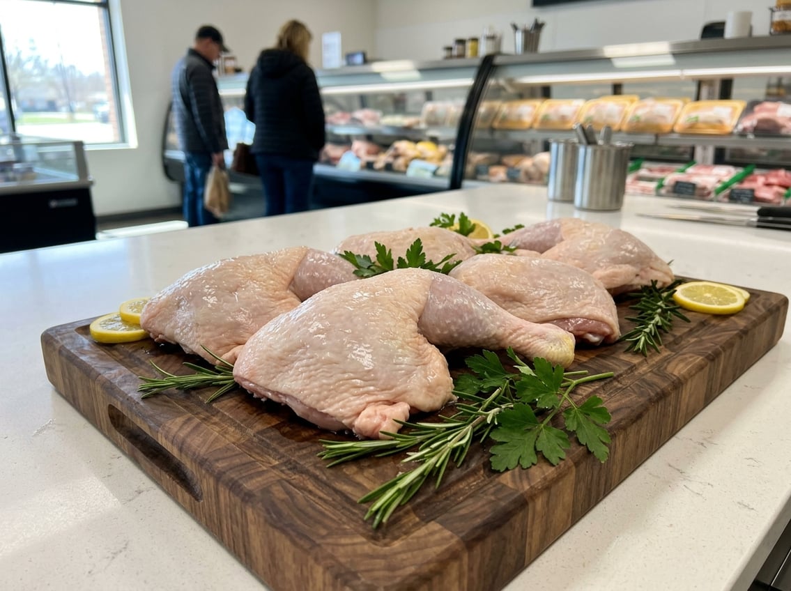 Fresh raw chicken breast quarters on a wooden cutting board with herbs and lemon slices in a bright kitchen, with blurred grocery store shelves in the background.