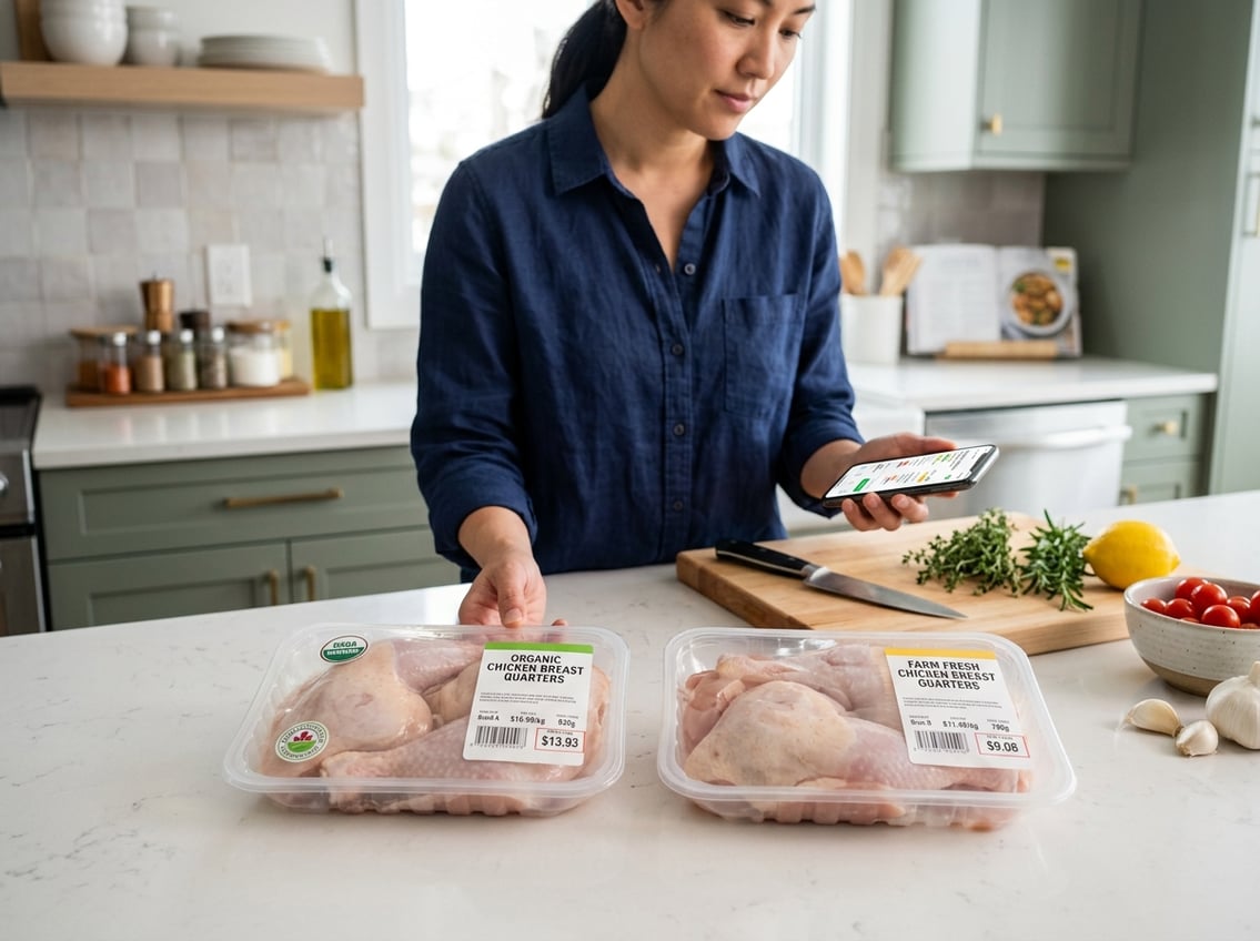 A person comparing two packages of chicken breast quarters on a kitchen countertop while checking prices on a smartphone.